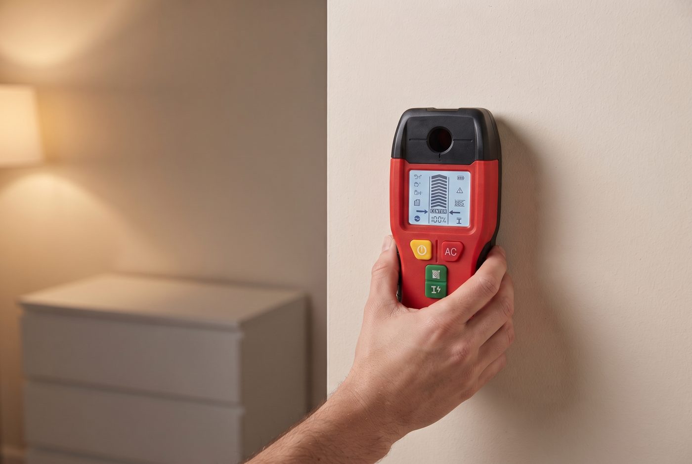 A hand holding the Wallux wall scanner flat against a painted wall, the screen reading CENTER